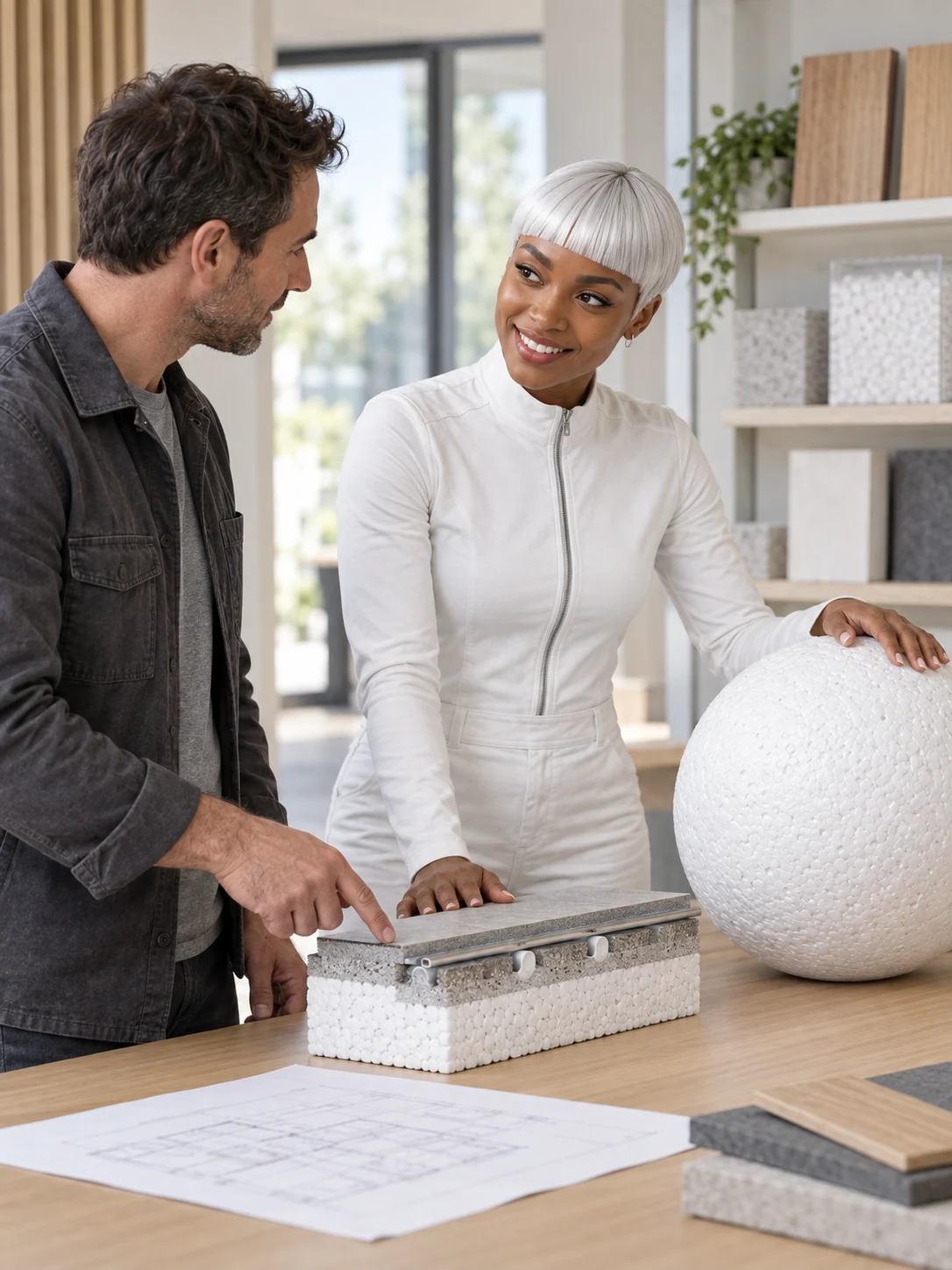 Die ThermoWhite-Markenfigur und ein Partner besprechen ein Bodenmuster; daneben steht die EPS-Kugel.