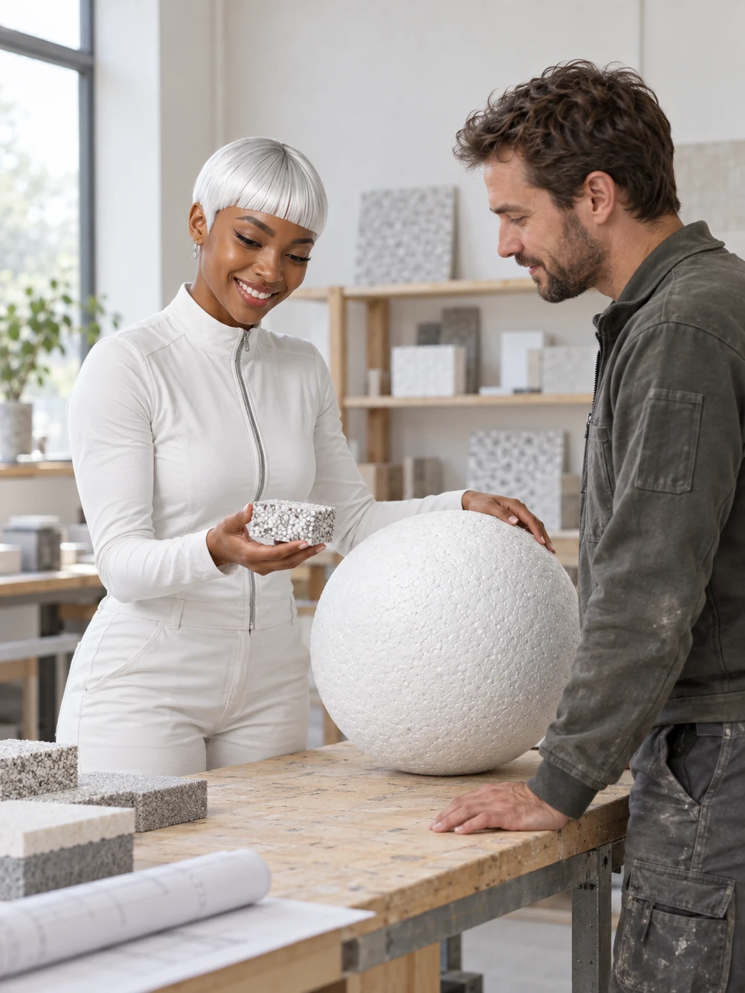 Die ThermoWhite-Markenfigur zeigt einem Partner ein Materialmuster an einer Werkbank mit EPS-Kugel.
