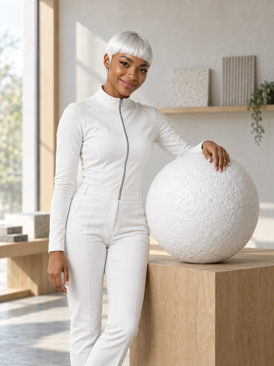 Die ThermoWhite-Markenfigur steht entspannt neben einer EPS-Kugel auf einem Holzpodest.